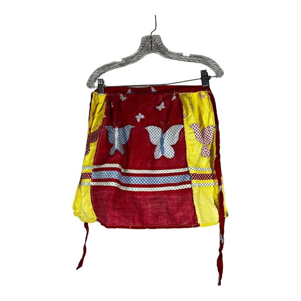 Vintage Red Yellow Butterflies Hostess Half Apron Waist Tie Handmade